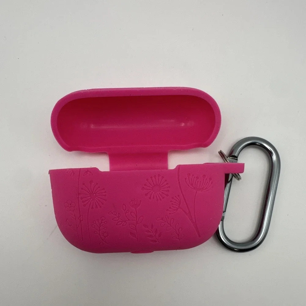 Pink Silicone Floral Fitted Case Cover w/ Carabiner Clip for AirPods Pro 1st